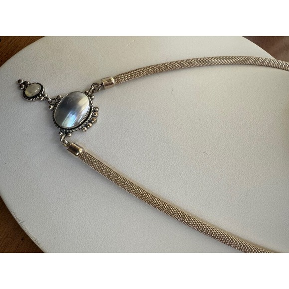 Oval Rainbow Moonstone Pendant 925 Silver Signed 2 T.C. Rope Chain - Picture 5 of 7